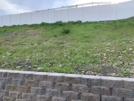 Scott Project before: a weedy slope above a block retaining wall